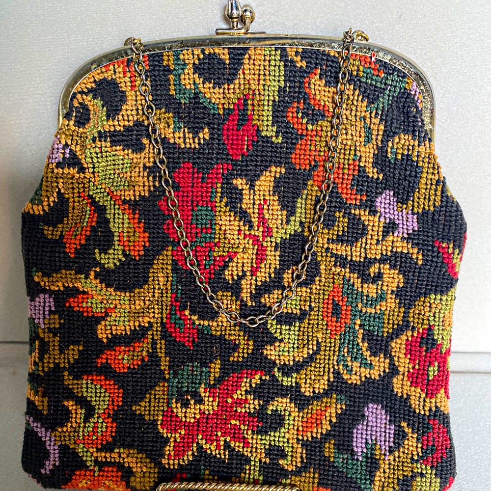 Vintage Budd Leather Hand Bag Embroidered Tapestry